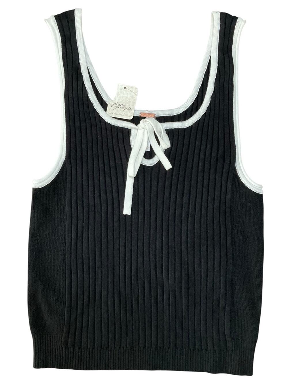 Free People Sweater Tank Black Ribbed Tank with White Trim Size Medium NWT